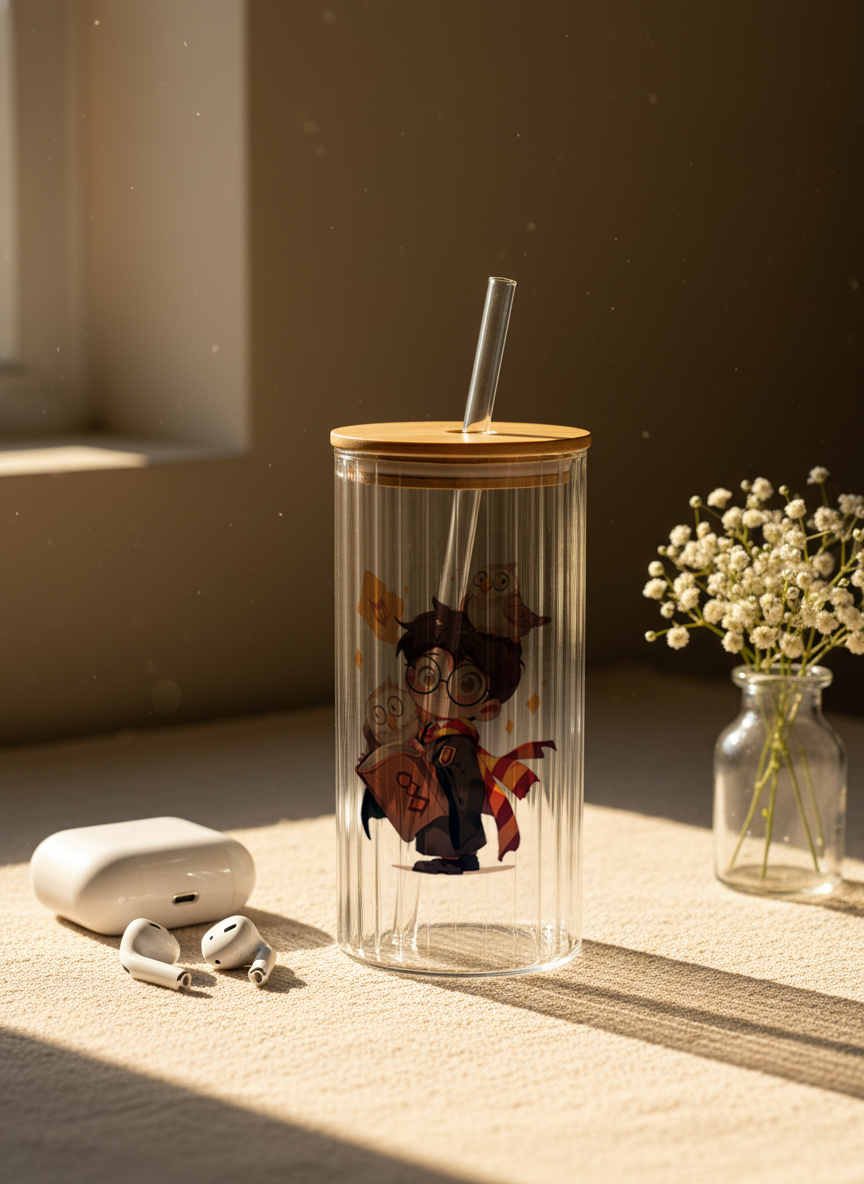 Ripple Taille Sipper 500ml| Cute Potter Print | 18oz Ripple Glass Tumbler with lid and straw 1219 Avenue India