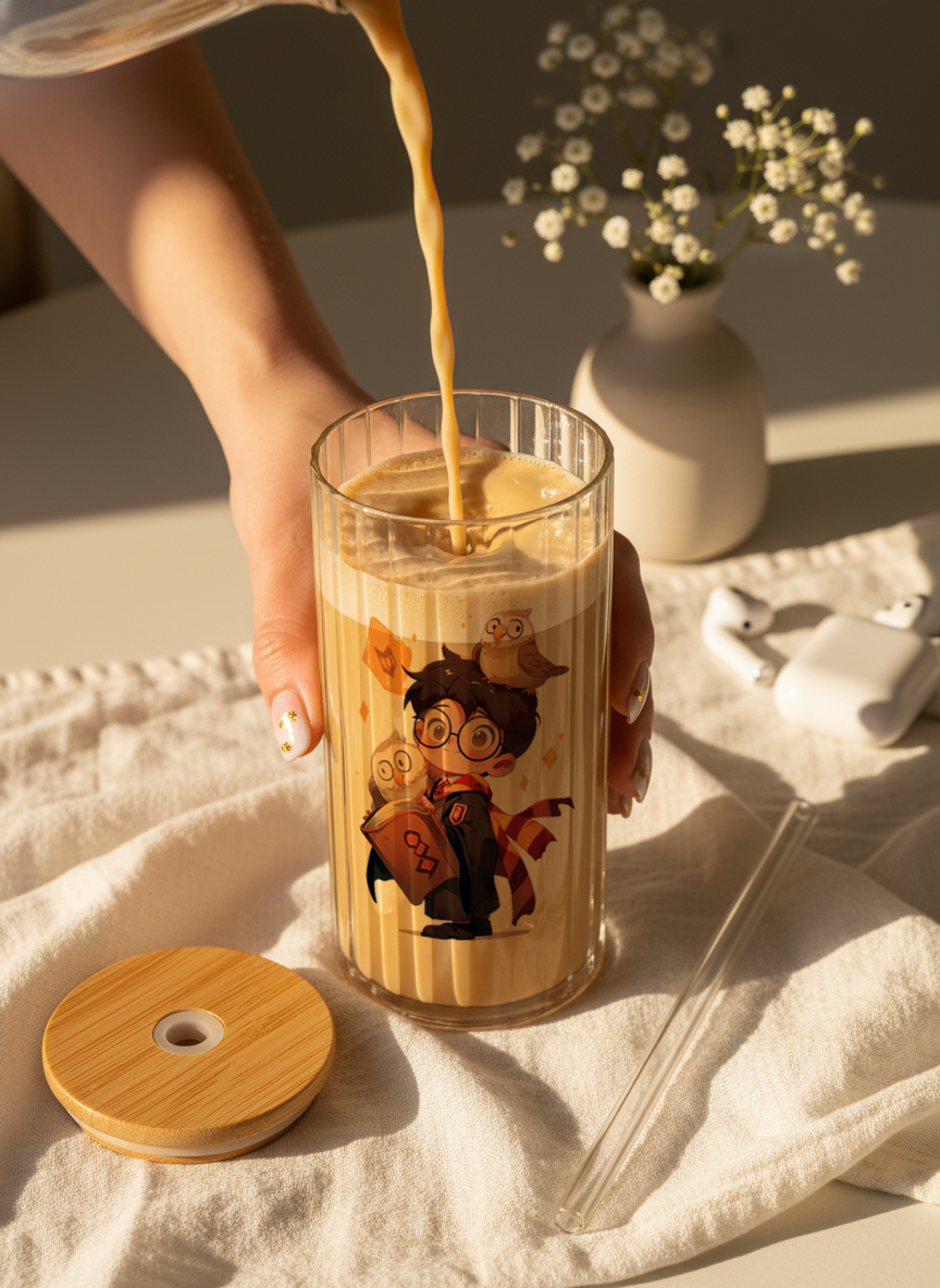Ripple Taille Sipper 500ml| Cute Potter Print | 18oz Ripple Glass Tumbler with lid and straw 1219 Avenue India