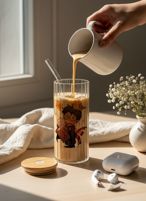 Ripple Taille Sipper 500ml| Cute Potter Print | 18oz Ripple Glass Tumbler with lid and straw 1219 Avenue India