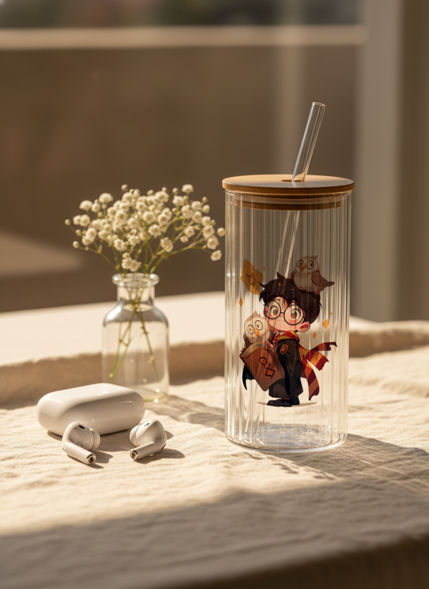 Ripple Taille Sipper 500ml| Cute Potter Print | 18oz Ripple Glass Tumbler with lid and straw 1219 Avenue India