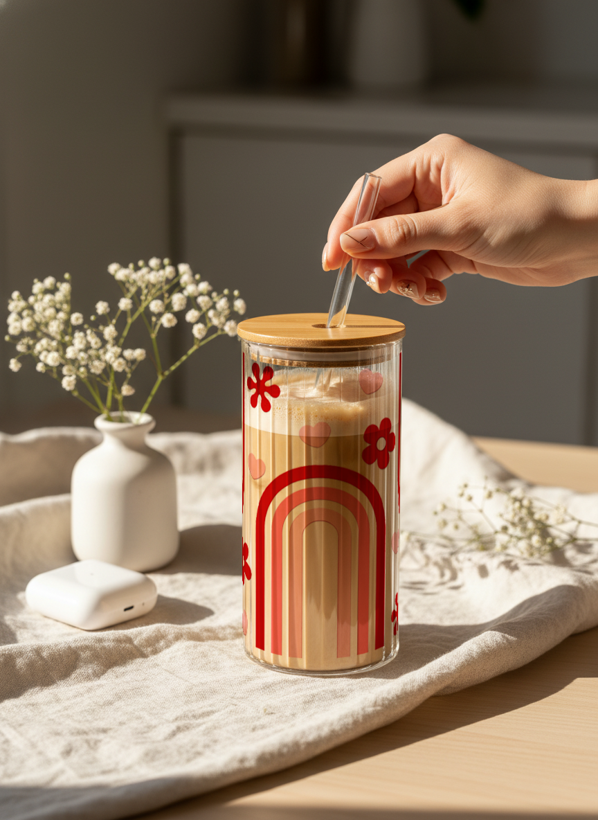 Ripple Taille Sipper 500ml| Happy Arc Print | 18oz Ripple Glass Tumbler with lid and straw 1219 Avenue India