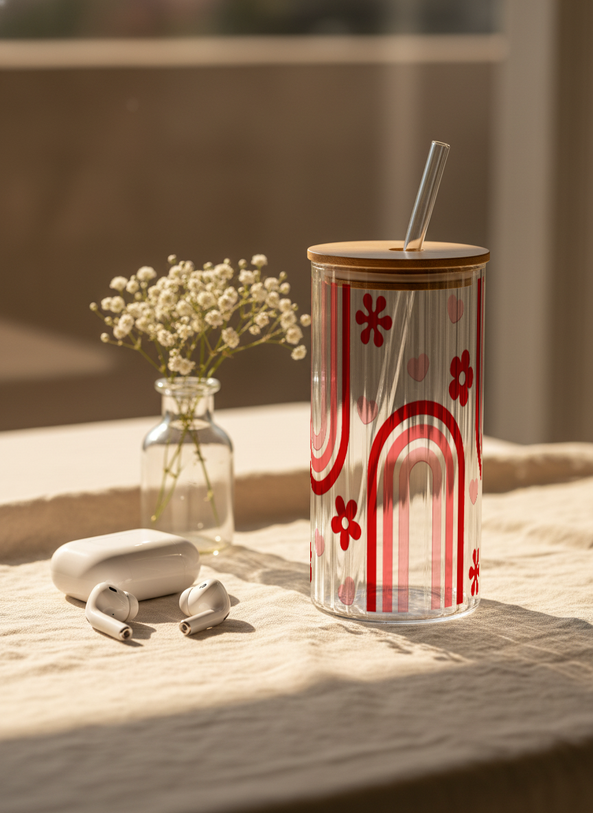 Ripple Taille Sipper 500ml| Happy Arc Print | 18oz Ripple Glass Tumbler with lid and straw 1219 Avenue India