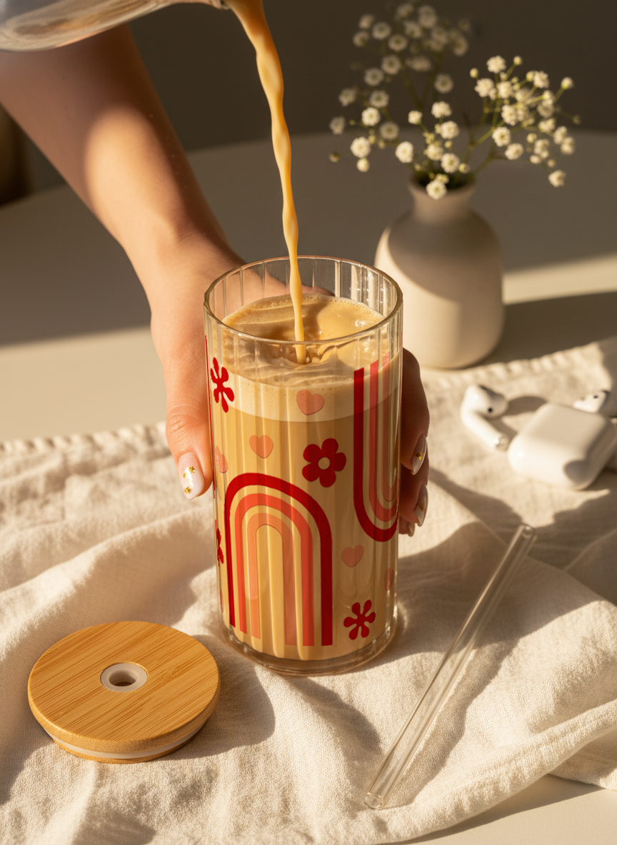 Ripple Taille Sipper 500ml| Happy Arc Print | 18oz Ripple Glass Tumbler with lid and straw 1219 Avenue India