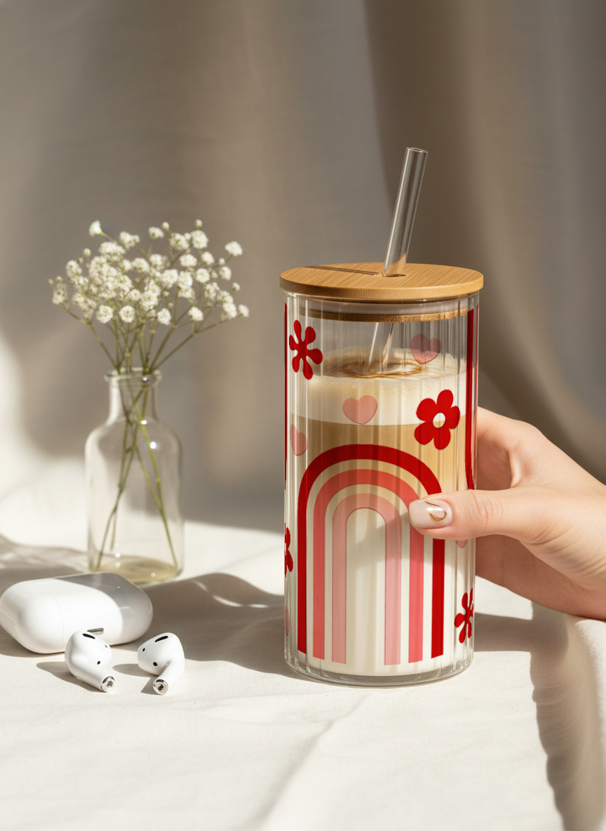 Ripple Taille Sipper 500ml| Happy Arc Print | 18oz Ripple Glass Tumbler with lid and straw 1219 Avenue India