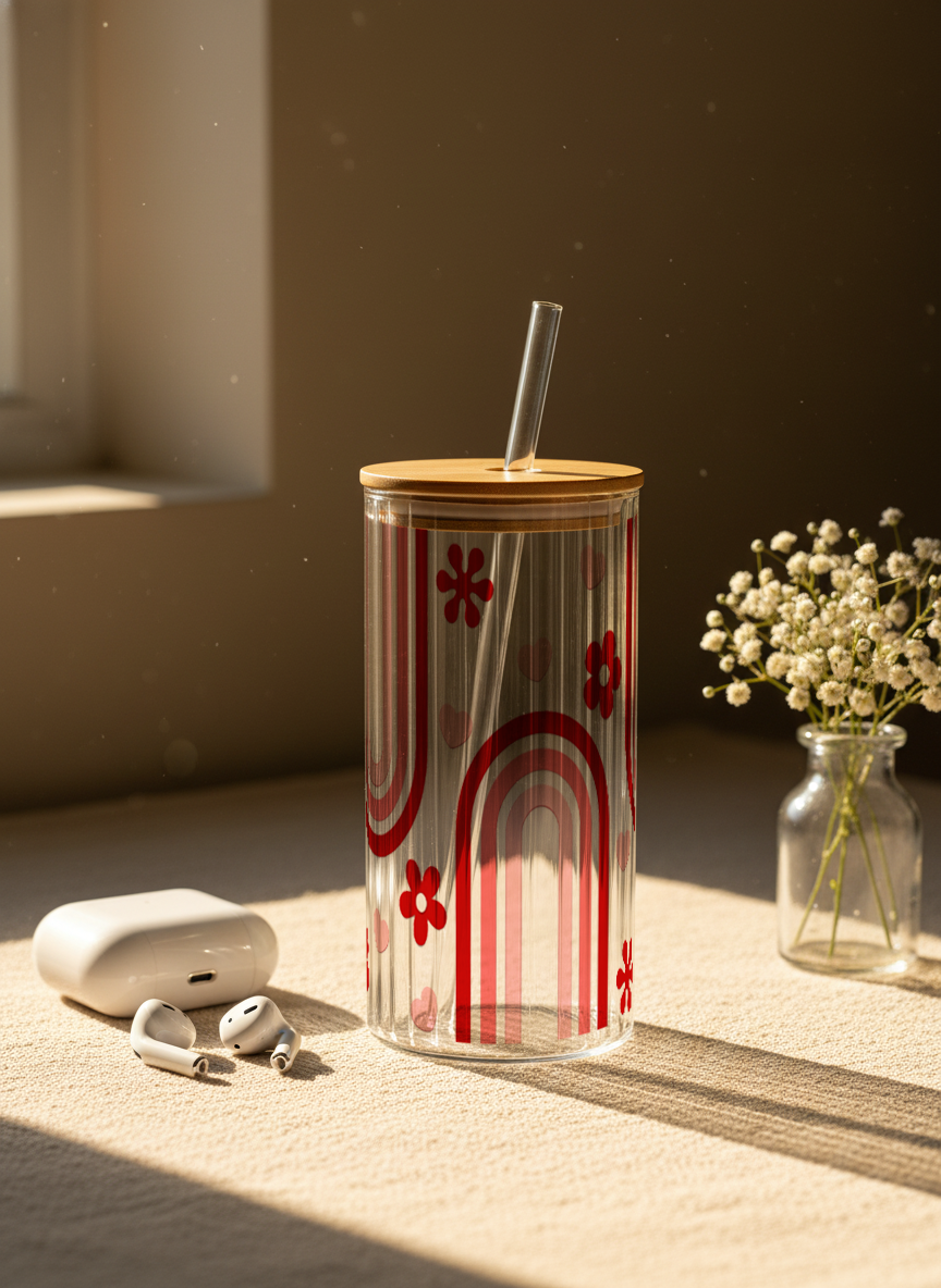 Ripple Taille Sipper 500ml| Happy Arc Print | 18oz Ripple Glass Tumbler with lid and straw 1219 Avenue India