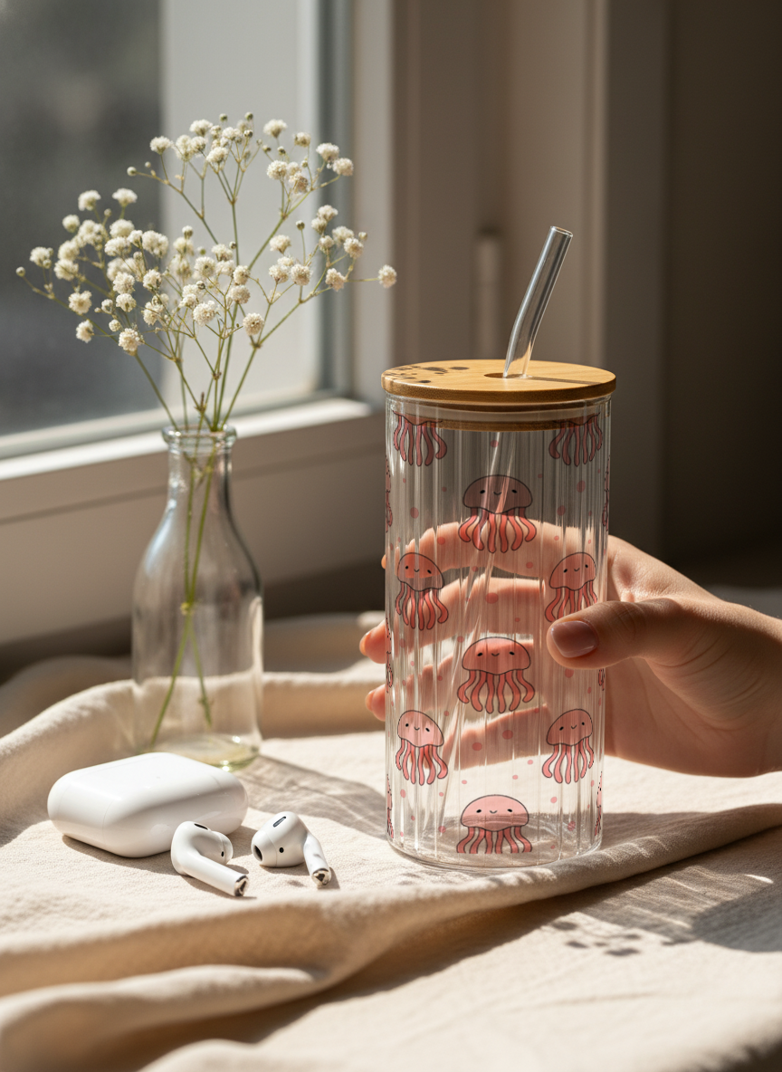 Ripple Taille Sipper 500ml| Jellyfish All Over Print | 18oz Ripple Glass Tumbler with lid and straw 1219 Avenue India