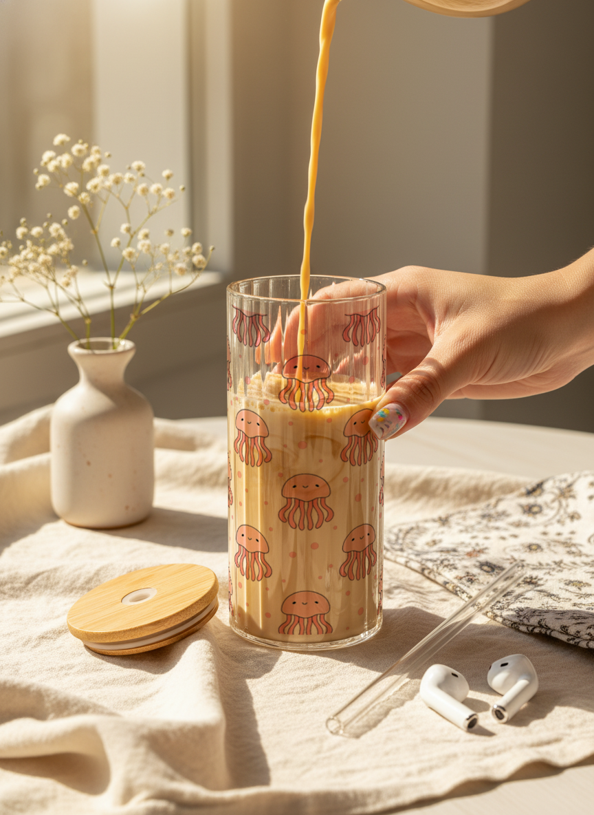 Ripple Taille Sipper 500ml| Jellyfish All Over Print | 18oz Ripple Glass Tumbler with lid and straw 1219 Avenue India