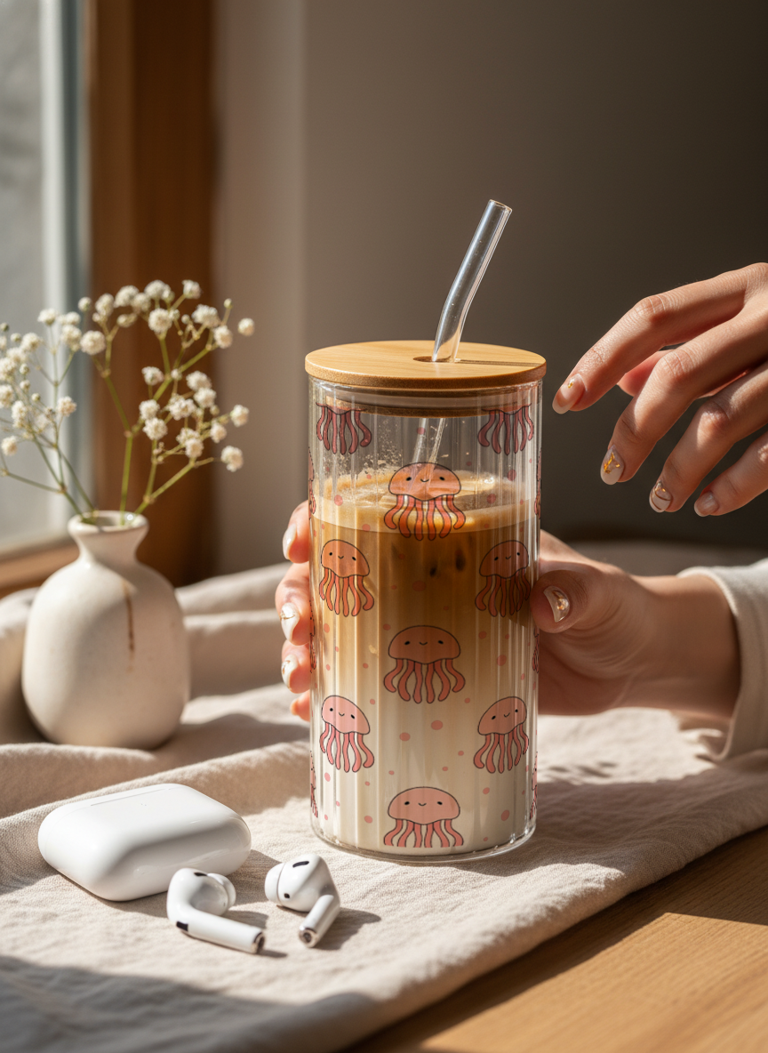 Ripple Taille Sipper 500ml| Jellyfish All Over Print | 18oz Ripple Glass Tumbler with lid and straw 1219 Avenue India