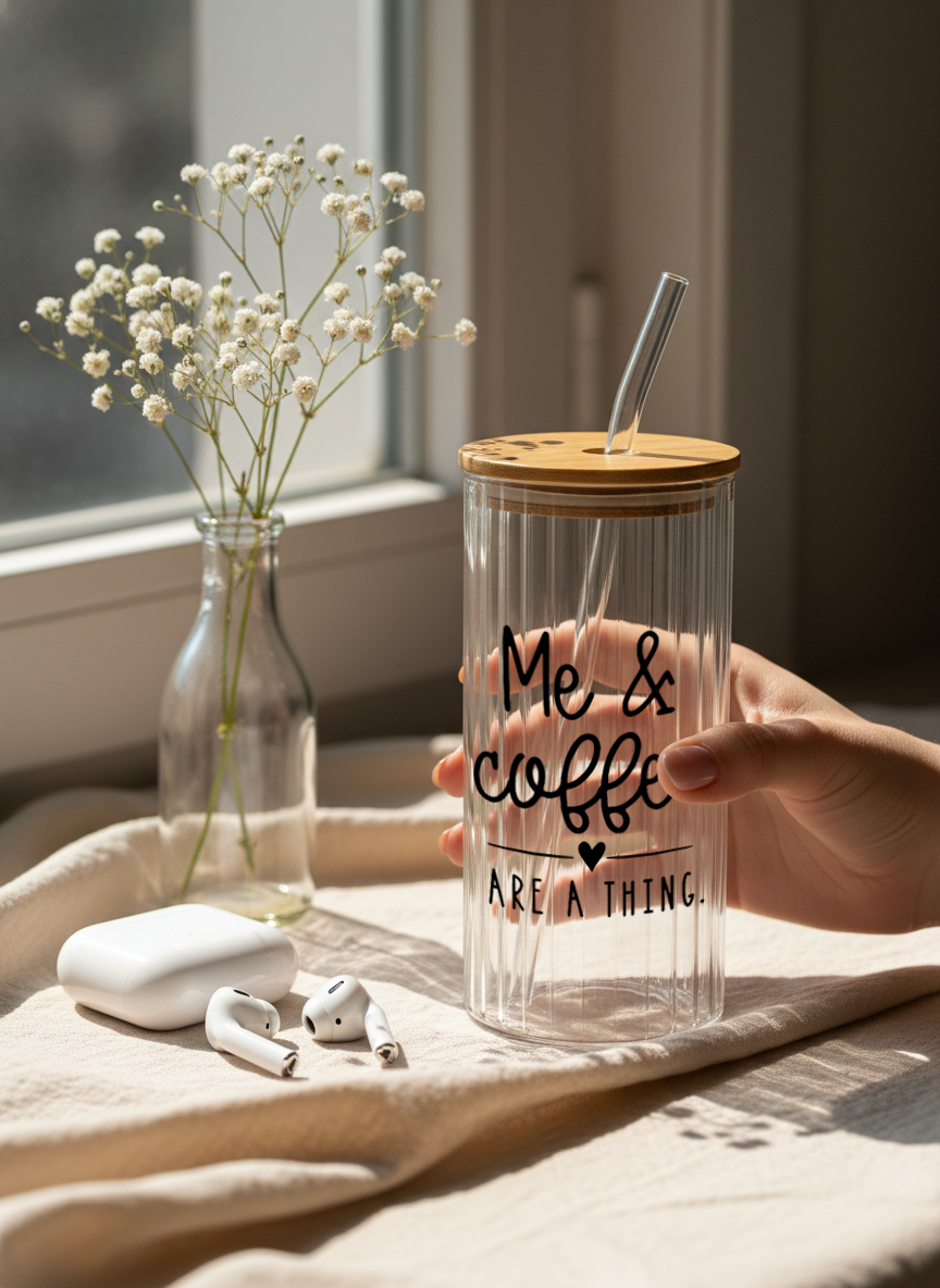 Ripple Taille Sipper 500ml| Me and Coffee Print | 18oz Ripple Glass Tumbler with lid and straw 1219 Avenue India