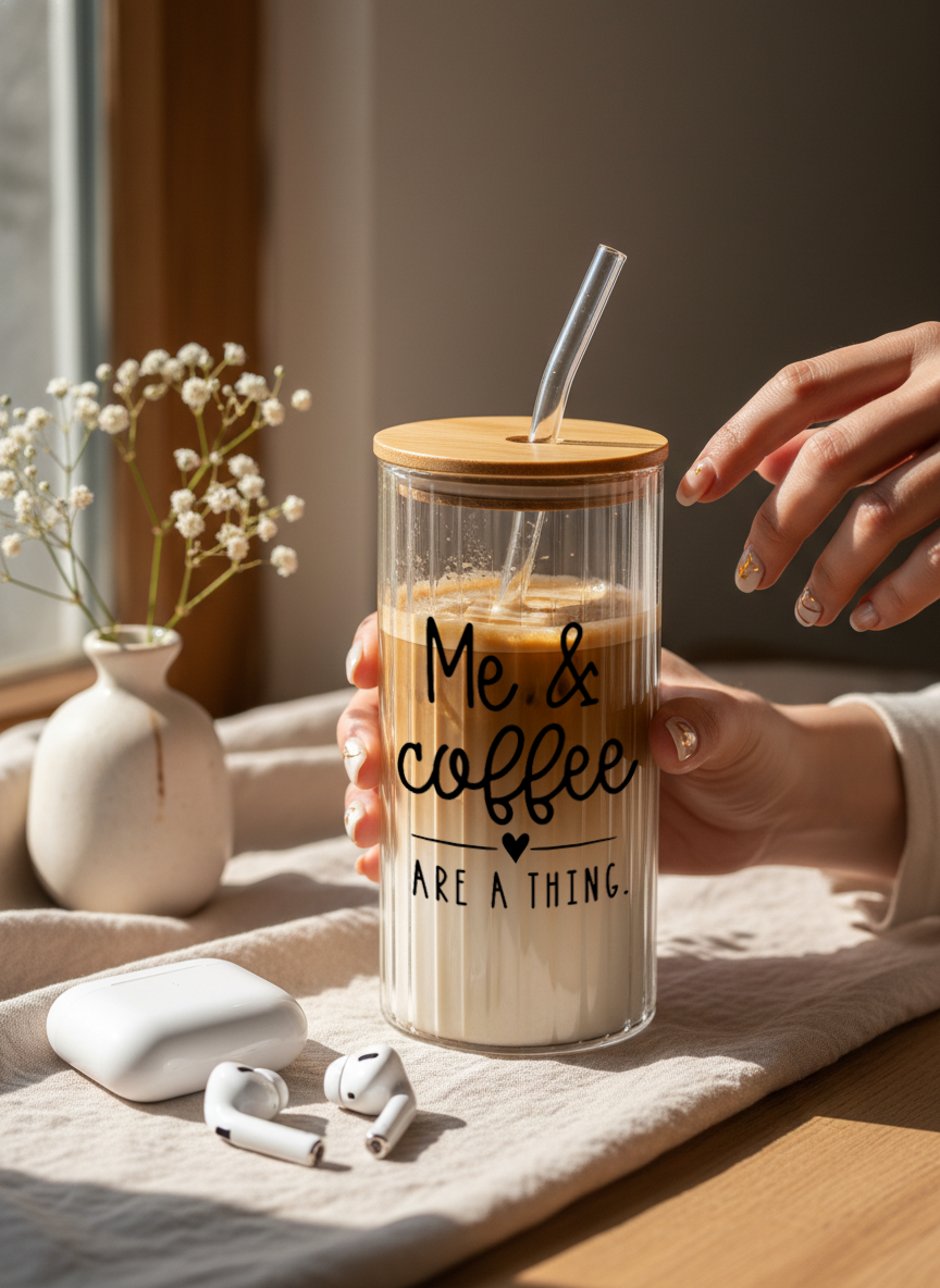 Ripple Taille Sipper 500ml| Me and Coffee Print | 18oz Ripple Glass Tumbler with lid and straw 1219 Avenue India