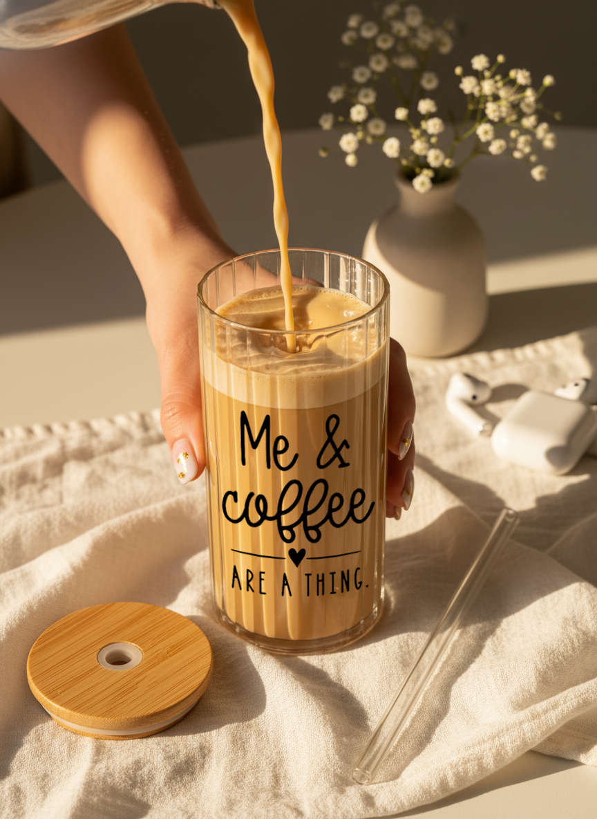 Ripple Taille Sipper 500ml| Me and Coffee Print | 18oz Ripple Glass Tumbler with lid and straw 1219 Avenue India