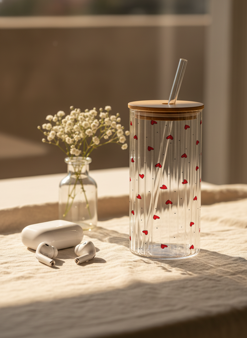 Ripple Taille Sipper 500ml| Petit Hearts All Over Print | 18oz Ripple Glass Tumbler with lid and straw 1219 Avenue India