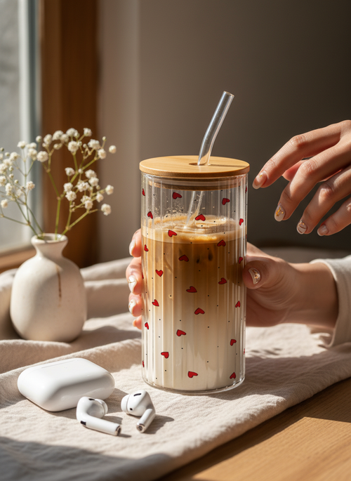 Ripple Taille Sipper 500ml| Petit Hearts All Over Print | 18oz Ripple Glass Tumbler with lid and straw 1219 Avenue India
