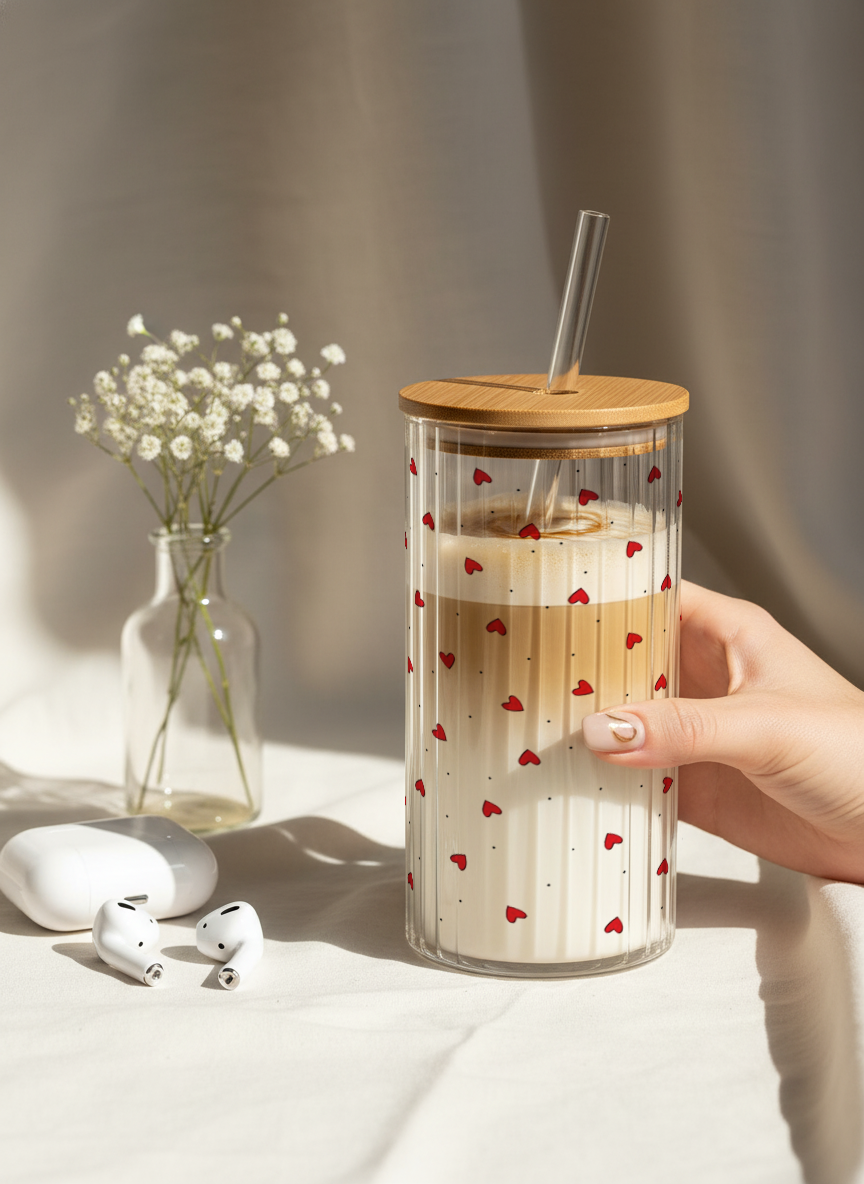 Ripple Taille Sipper 500ml| Petit Hearts All Over Print | 18oz Ripple Glass Tumbler with lid and straw 1219 Avenue India
