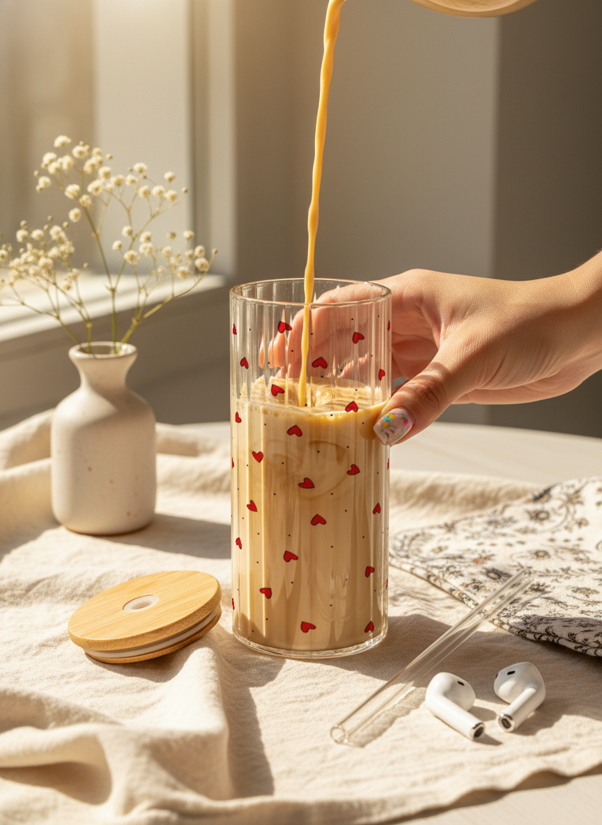 Ripple Taille Sipper 500ml| Petit Hearts All Over Print | 18oz Ripple Glass Tumbler with lid and straw 1219 Avenue India