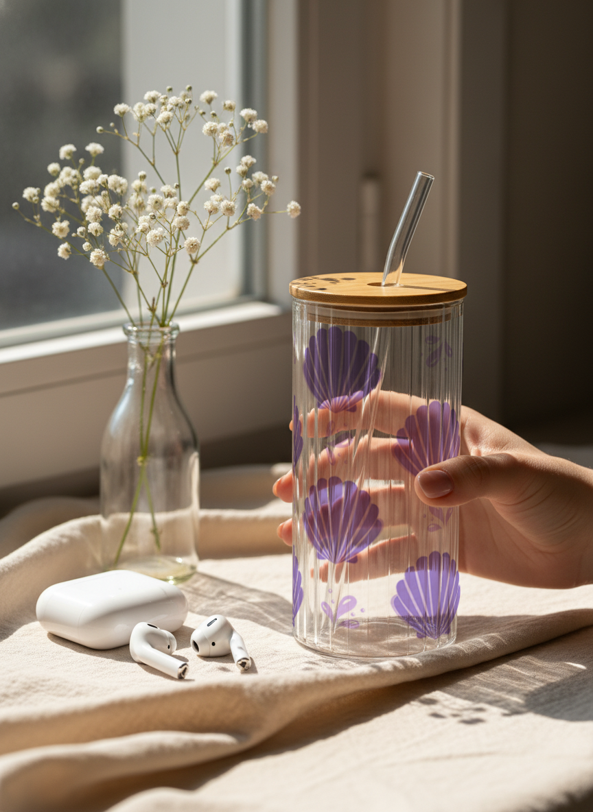 Ripple Taille Sipper 500ml| Shell Bloom Print | 18oz Ripple Glass Tumbler with lid and straw 1219 Avenue India
