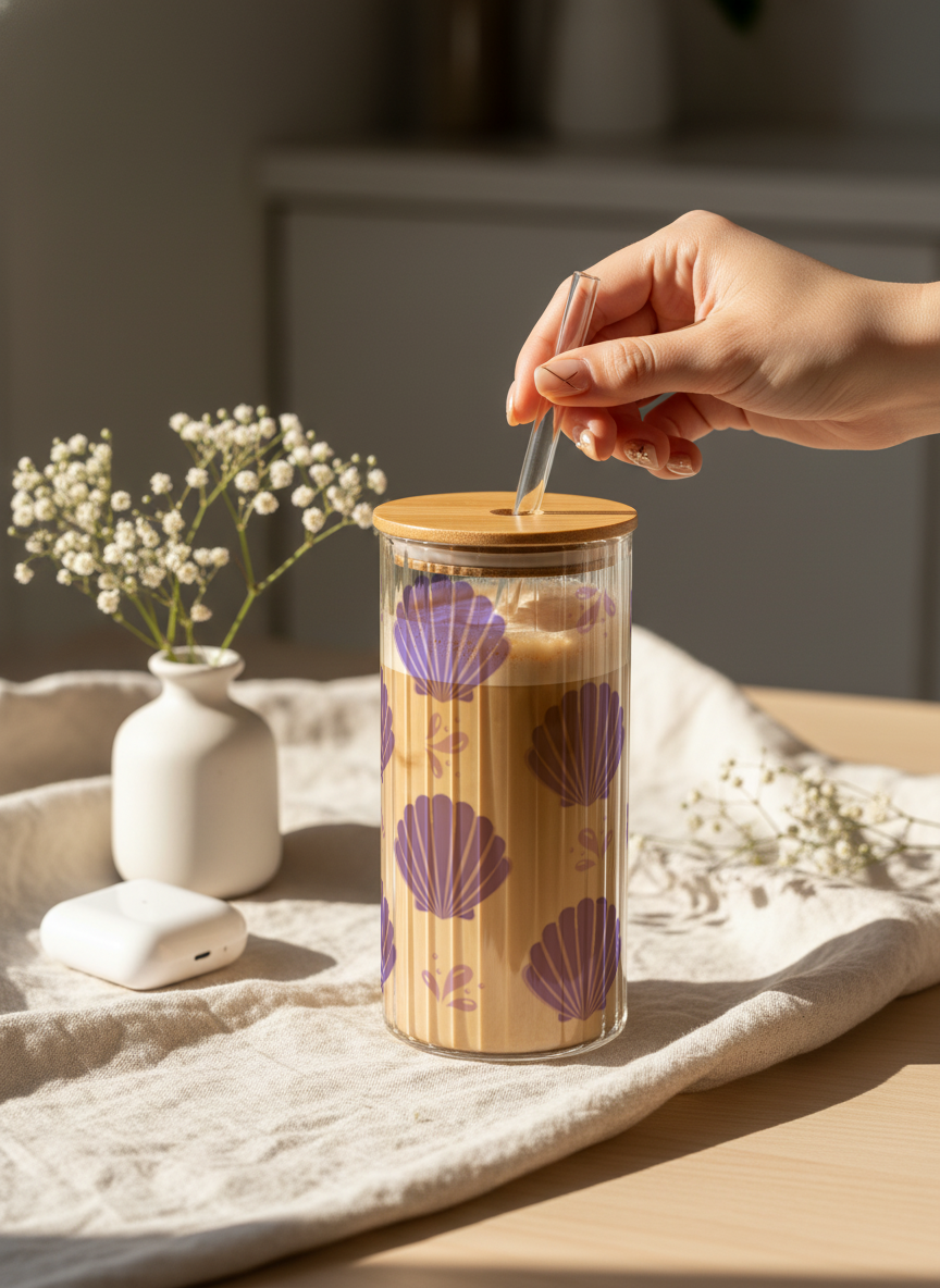 Ripple Taille Sipper 500ml| Shell Bloom Print | 18oz Ripple Glass Tumbler with lid and straw 1219 Avenue India
