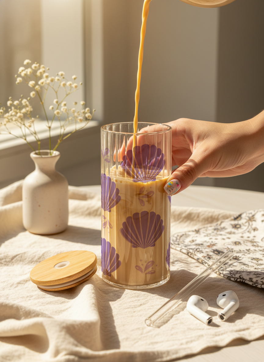 Ripple Taille Sipper 500ml| Shell Bloom Print | 18oz Ripple Glass Tumbler with lid and straw 1219 Avenue India