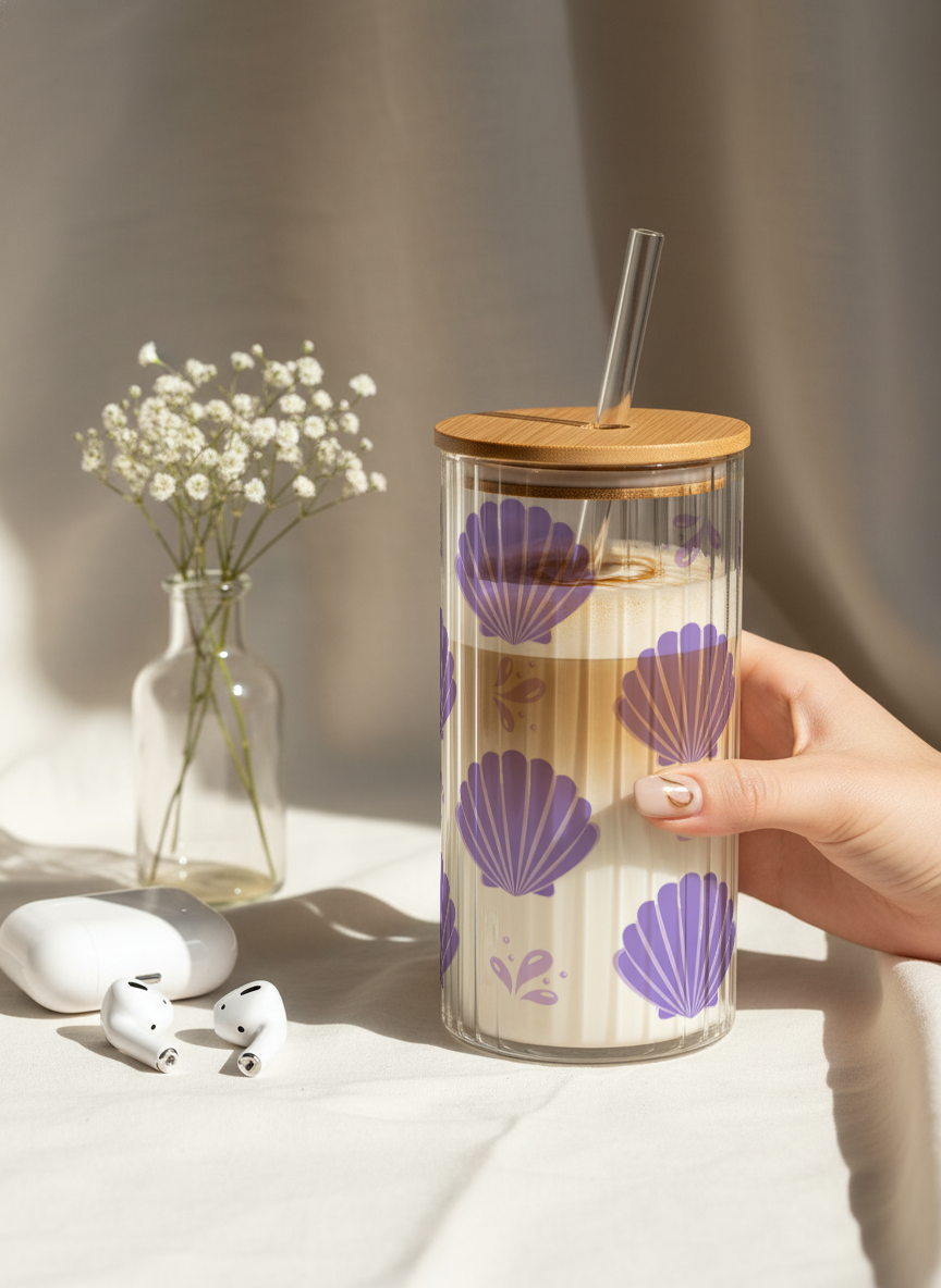 Ripple Taille Sipper 500ml| Shell Bloom Print | 18oz Ripple Glass Tumbler with lid and straw 1219 Avenue India