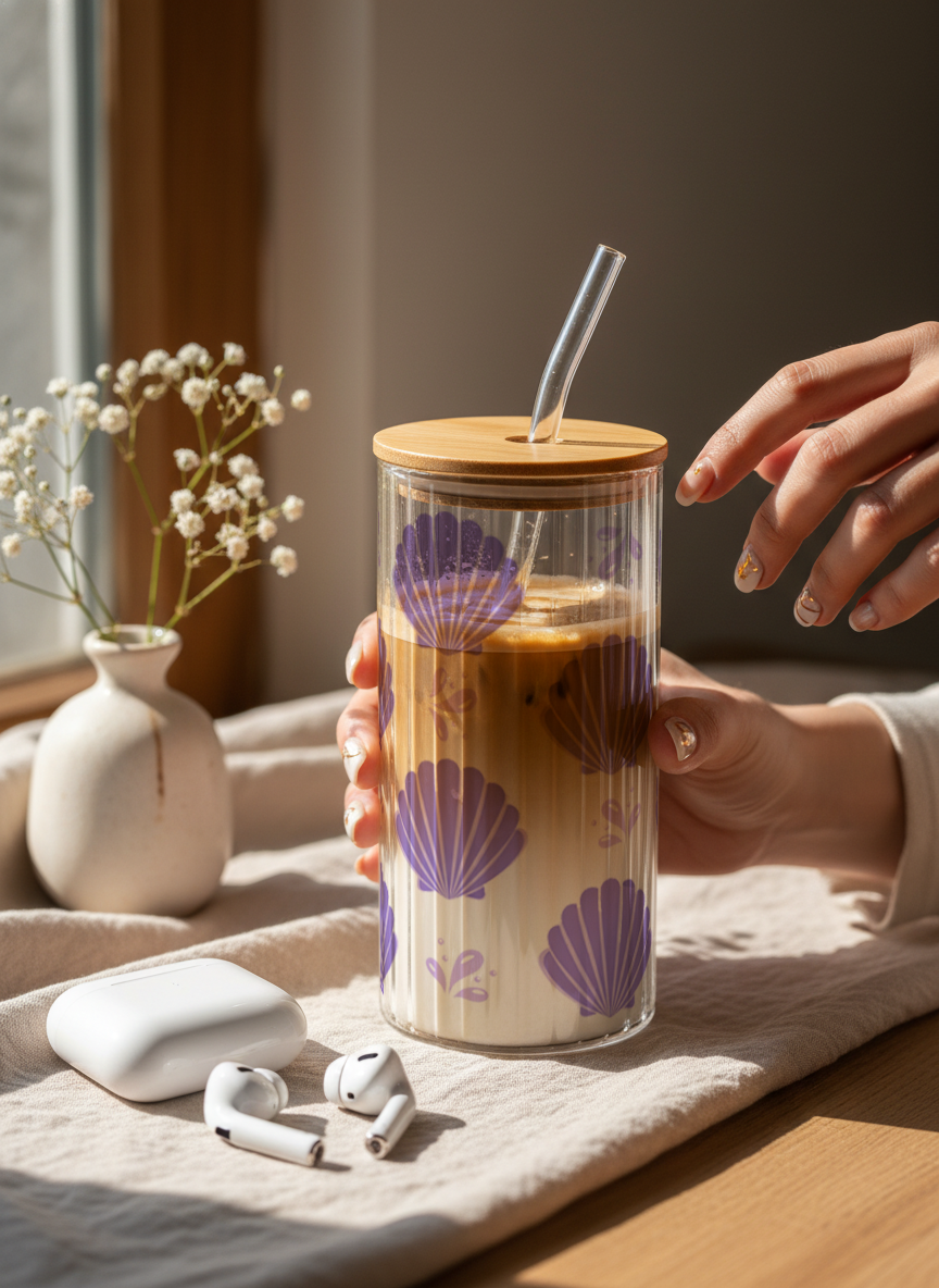 Ripple Taille Sipper 500ml| Shell Bloom Print | 18oz Ripple Glass Tumbler with lid and straw 1219 Avenue India