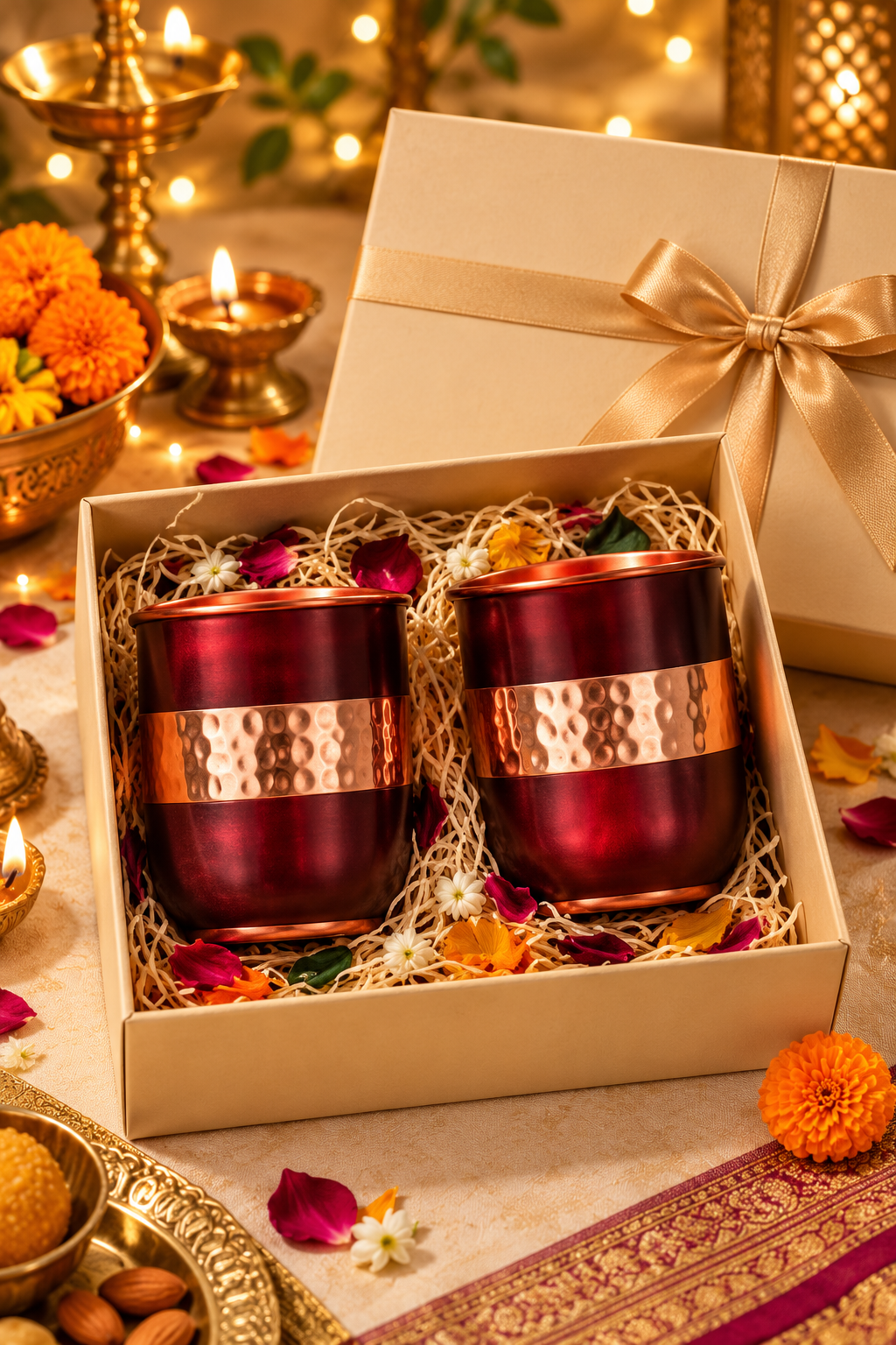 Rouge Royale Copper Glass Gift Set | 99% Pure Copper Glasses 350ml Each | Premium Hammered Copper Drinkware | Luxury Diwali Gift Set 1219 Avenue