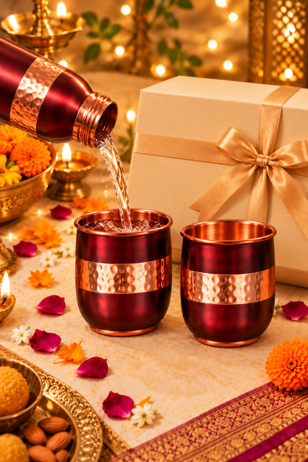Rouge Royale Copper Glass Gift Set | 99% Pure Copper Glasses 350ml Each | Premium Hammered Copper Drinkware | Luxury Diwali Gift Set 1219 Avenue