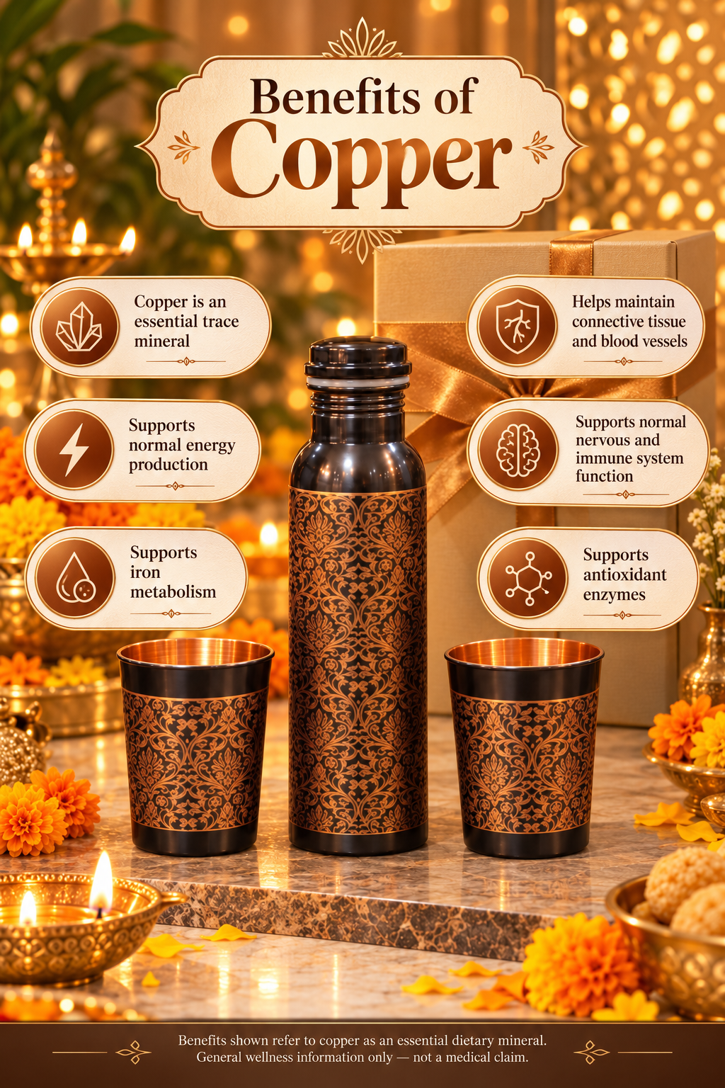 Shahi Gul Copper Gift Set | 99% Pure Copper Water Bottle 750ml with 2 Designer Copper Glasses | Premium 3 in 1 Copper Drinkware | Luxury Diwali Gift Set 1219 Avenue