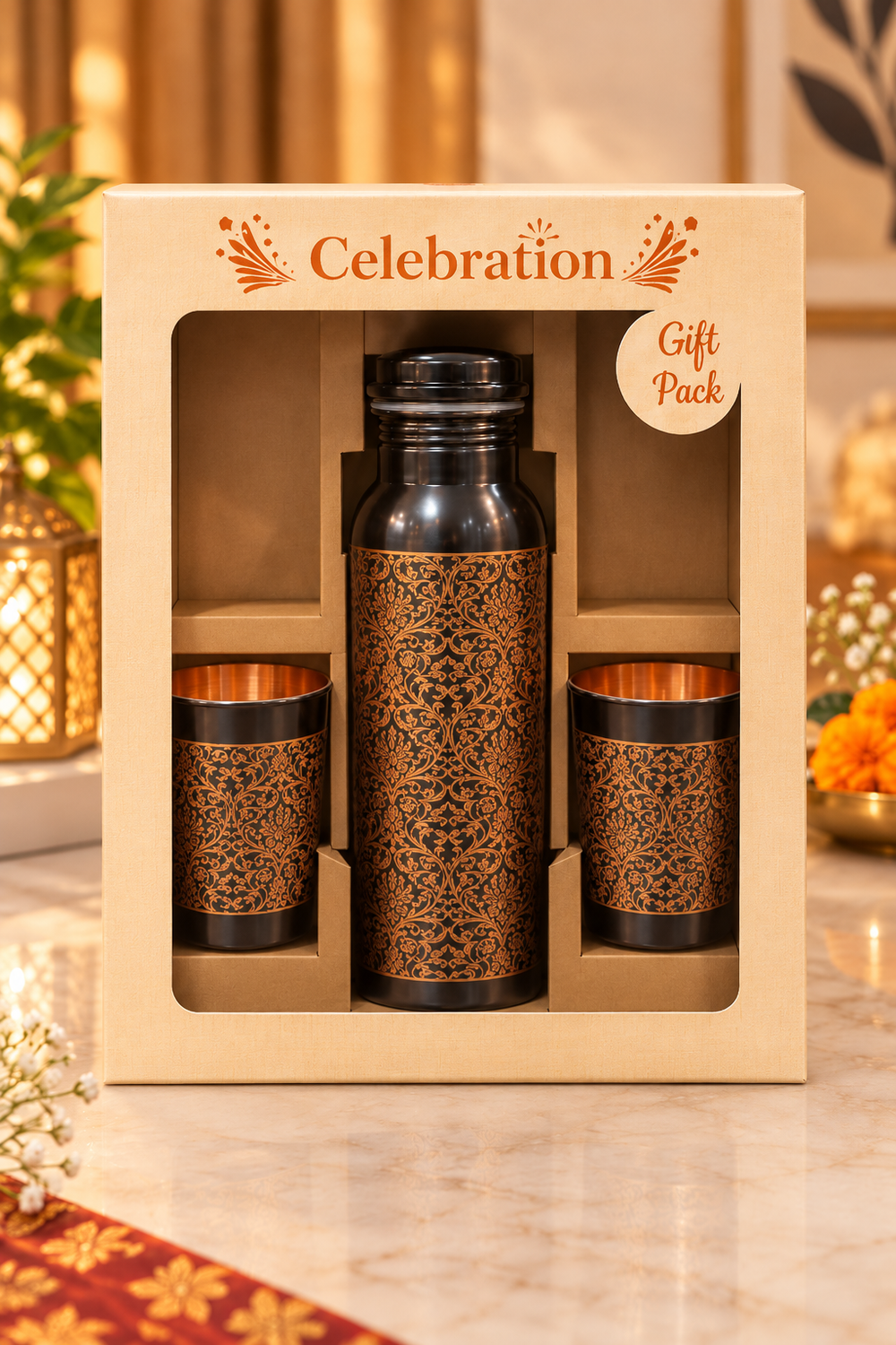 Shahi Gul Copper Gift Set | 99% Copper Water Bottle 750ml with 2 Designer Copper Glasses