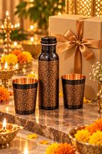Shahi Gul Copper Gift Set | 99% Pure Copper Water Bottle 750ml with 2 Designer Copper Glasses | Premium 3 in 1 Copper Drinkware | Luxury Diwali Gift Set 1219 Avenue