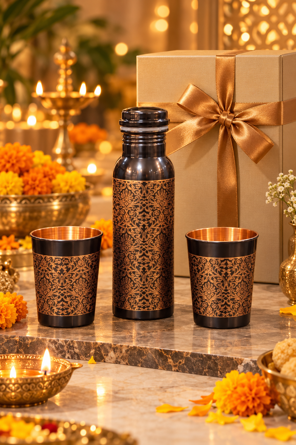 Shahi Gul Copper Gift Set | 99% Pure Copper Water Bottle 750ml with 2 Designer Copper Glasses | Premium 3 in 1 Copper Drinkware | Luxury Diwali Gift Set 1219 Avenue