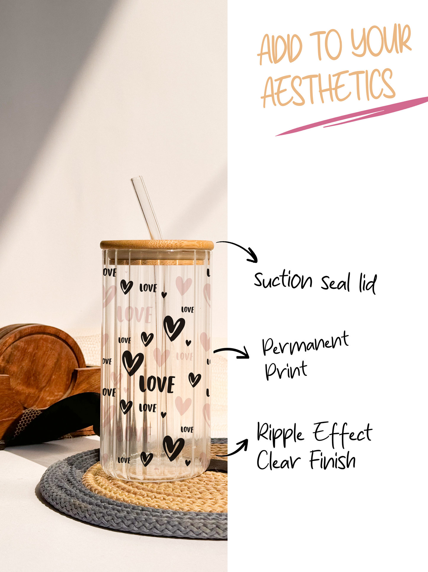 Ripple Taille Sipper 500ml| Love is All Over Print | 18oz Ripple Glass Tumbler with lid and straw