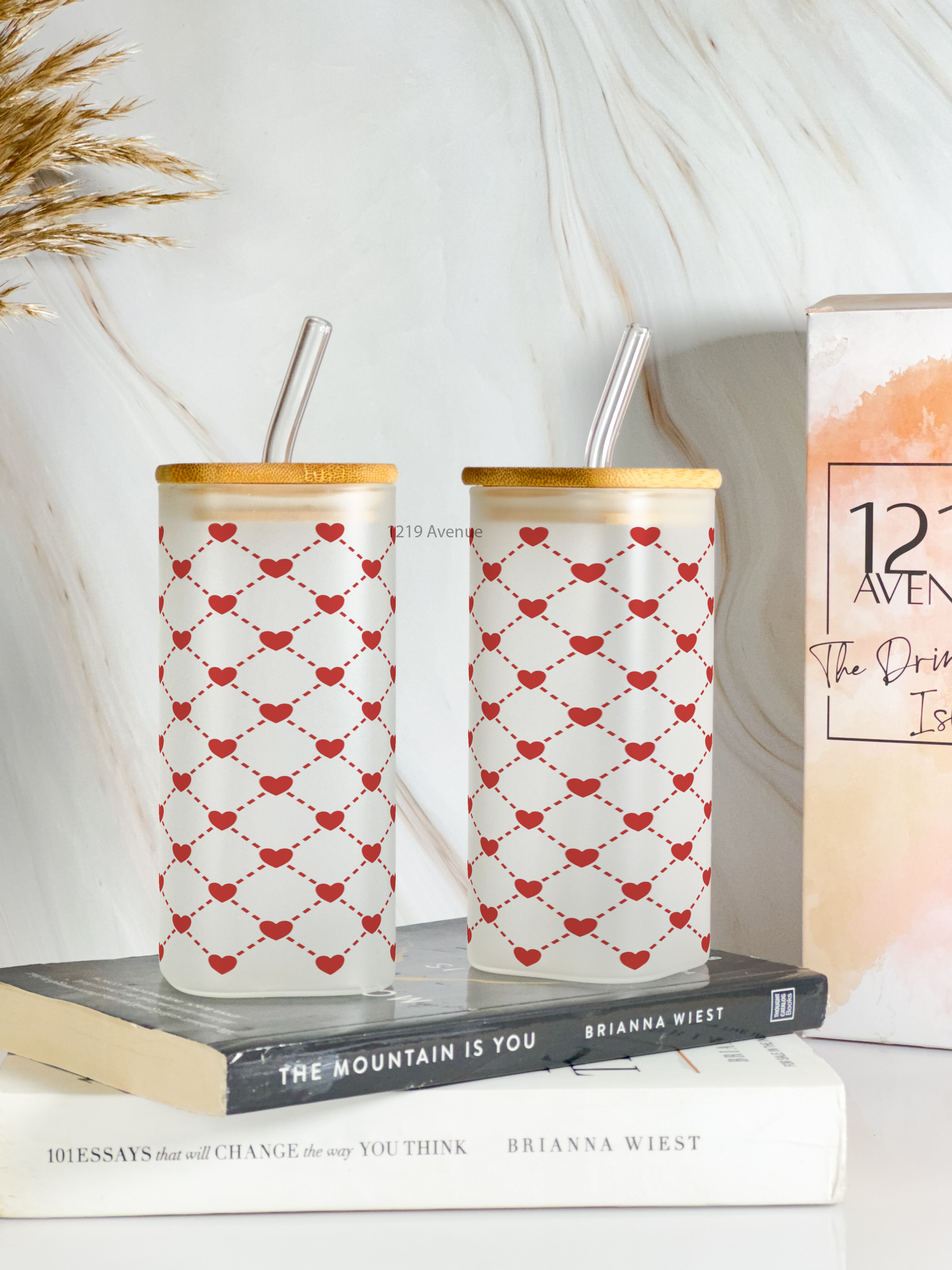 Squaro Sipper 450ml| Benji Hearts Design| Permanent Prints| Coffee Glass Tumbler with straw and lid 1219 Avenue