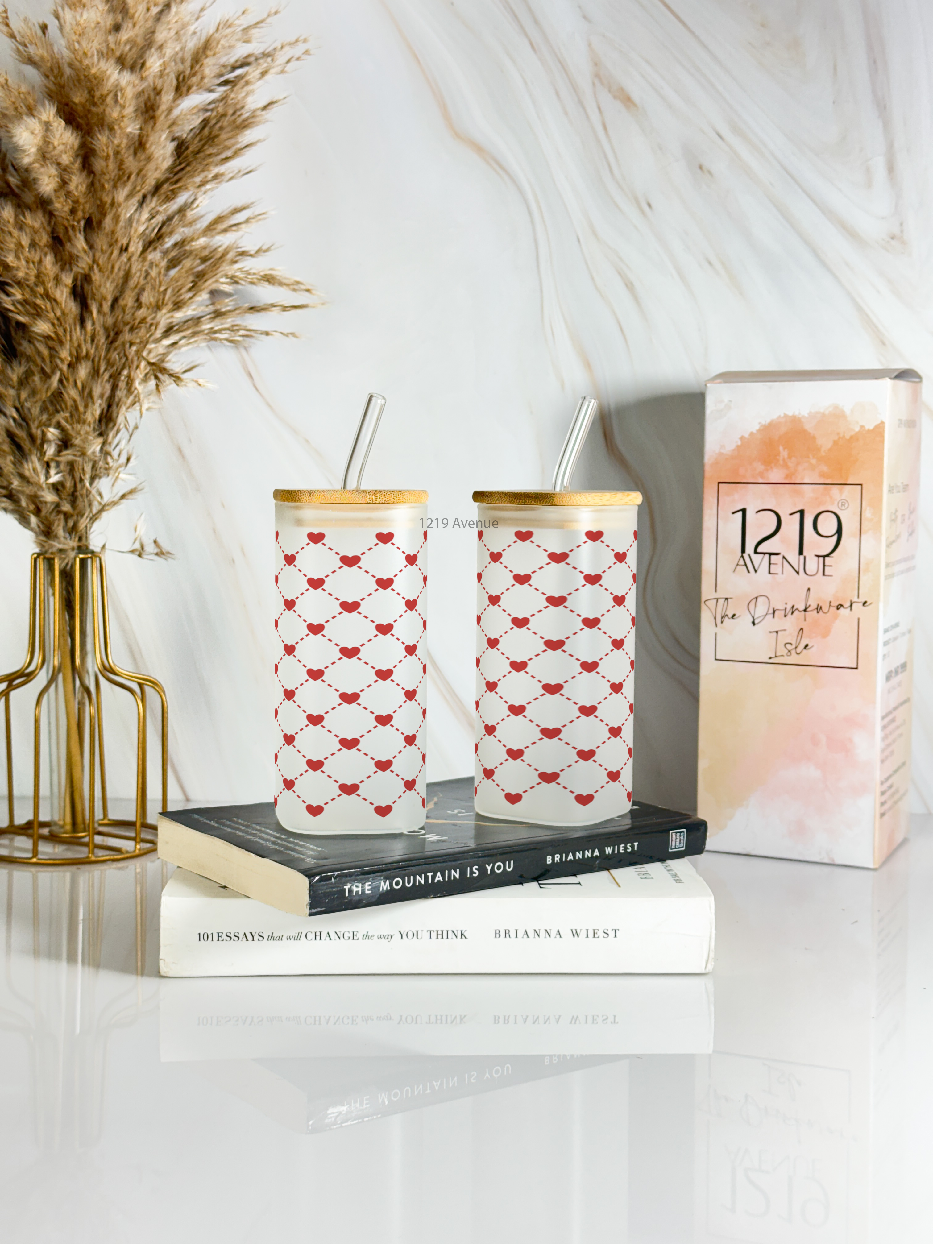 Squaro Sipper 450ml| Benji Hearts Design| Permanent Prints| Coffee Glass Tumbler with straw and lid 1219 Avenue