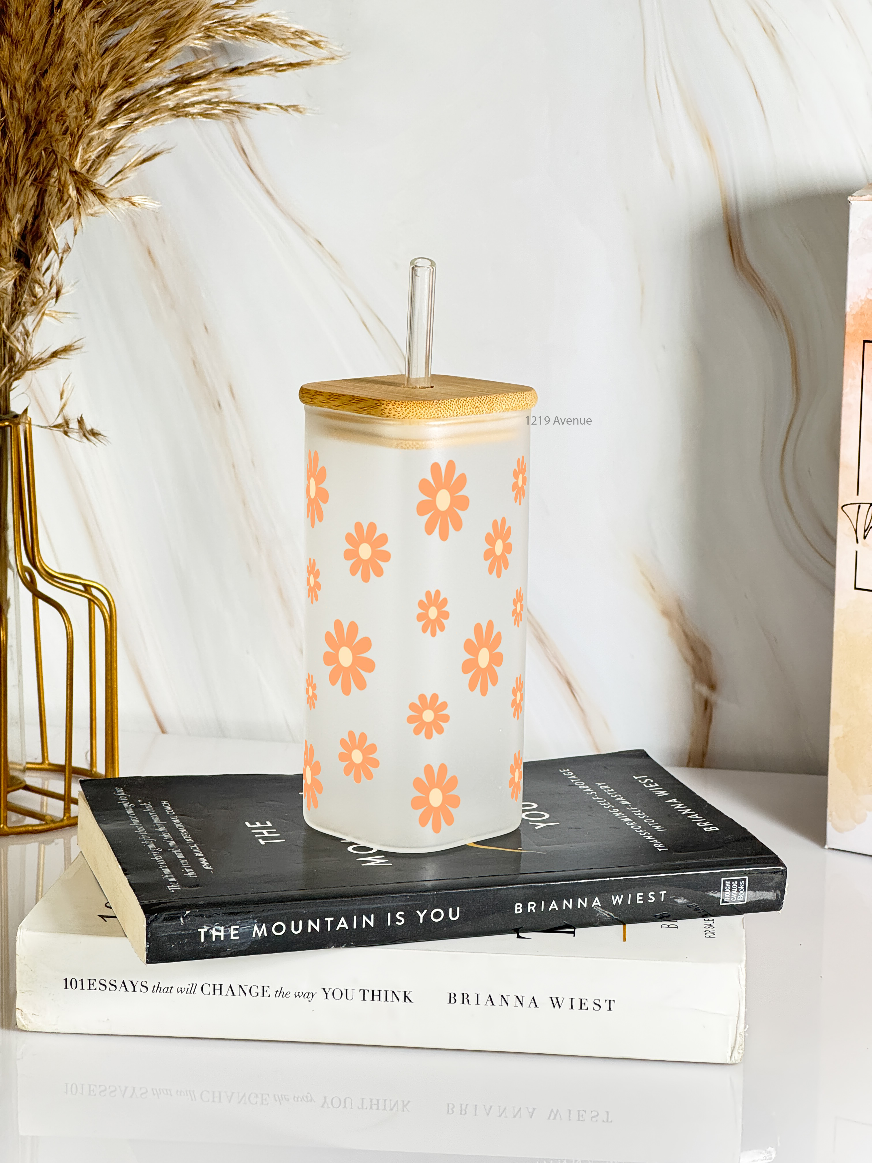 Squaro Sipper 450ml| Brown Flower Design| Permanent Prints| Coffee Glass Tumbler with straw and lid 1219 Avenue
