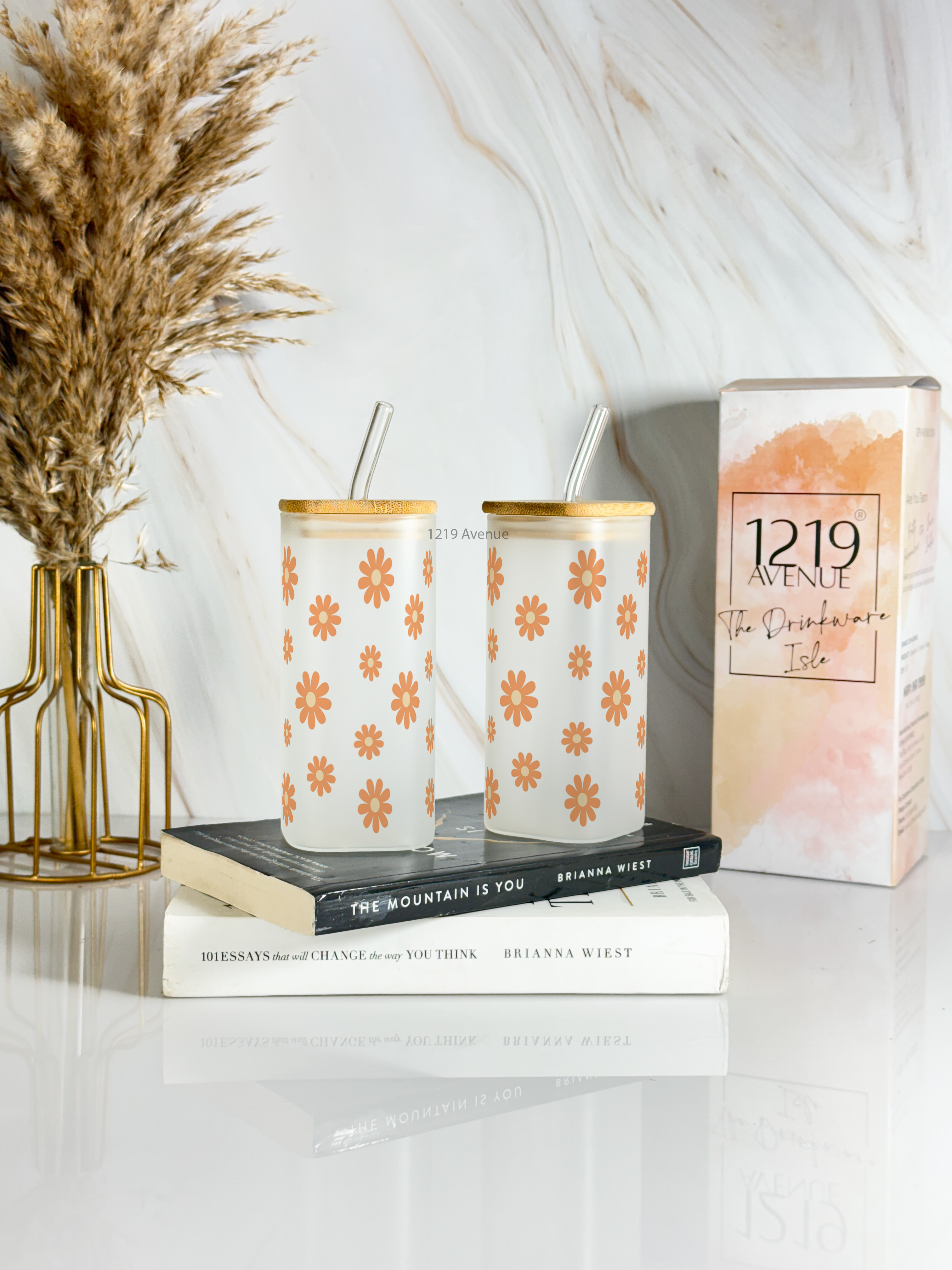 Squaro Sipper 450ml| Brown Flower Design| Permanent Prints| Coffee Glass Tumbler with straw and lid 1219 Avenue