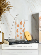 Squaro Sipper 450ml| Brown Flower Design| Permanent Prints| Coffee Glass Tumbler with straw and lid 1219 Avenue
