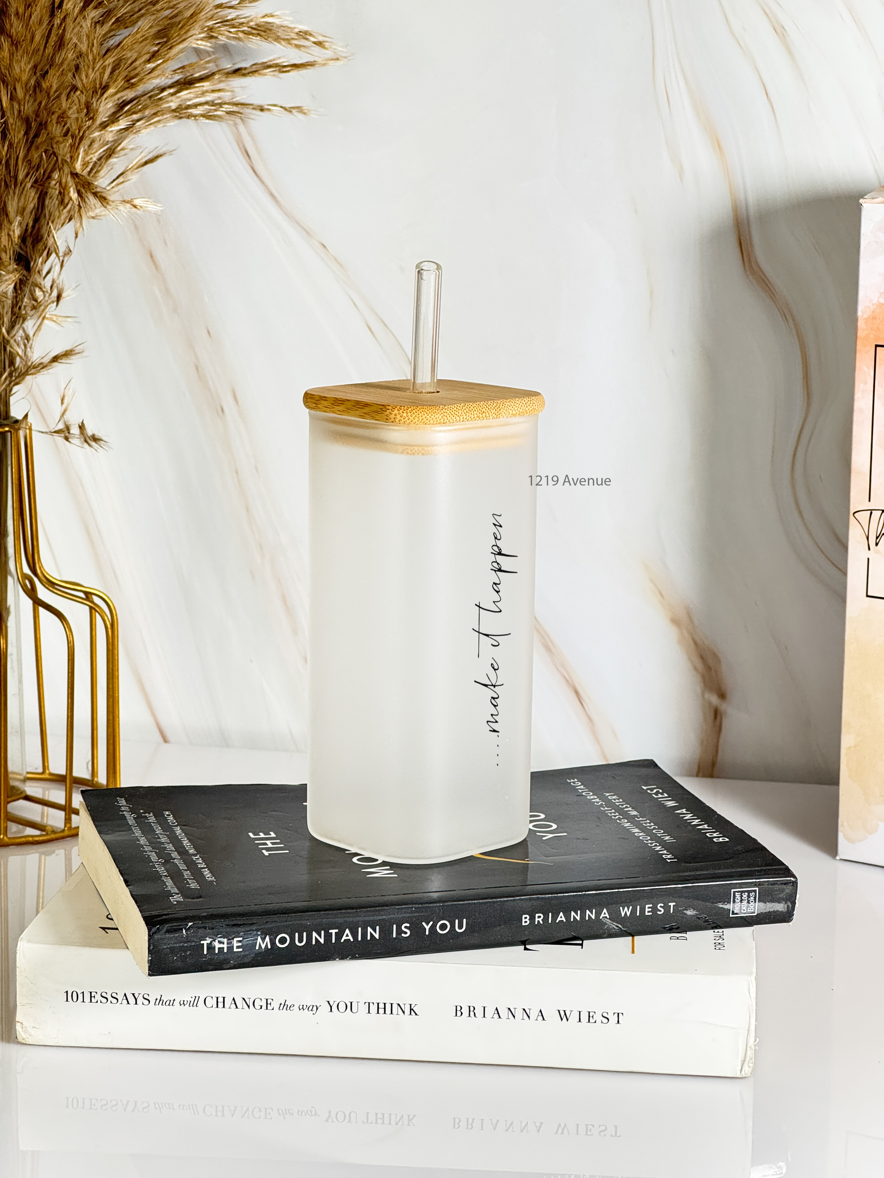Squaro Sipper 450ml| Make It Happen Design| Permanent Prints| Coffee Glass Tumbler with straw and lid 1219 Avenue