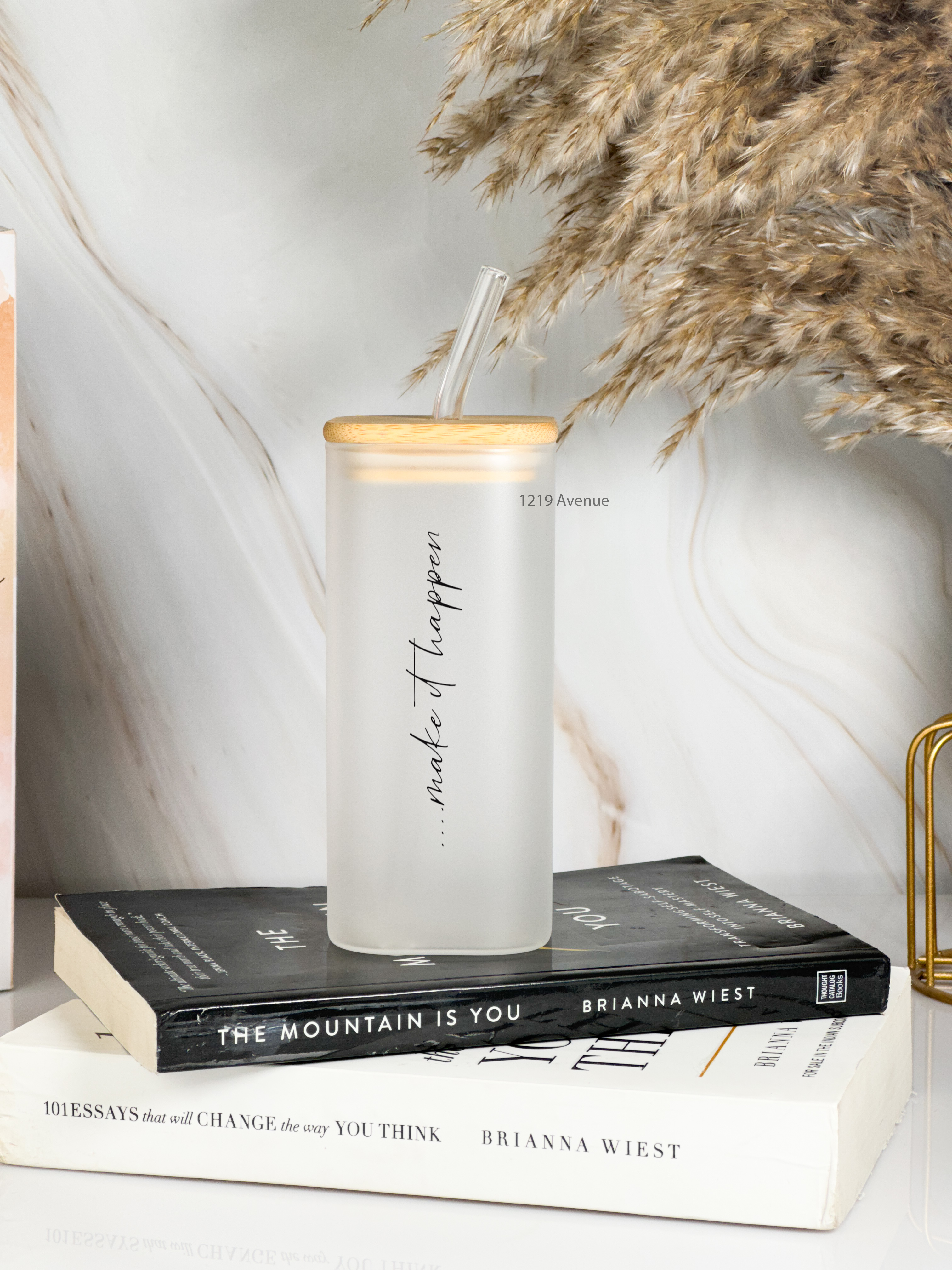 Squaro Sipper 450ml| Make It Happen Design| Permanent Prints| Coffee Glass Tumbler with straw and lid 1219 Avenue