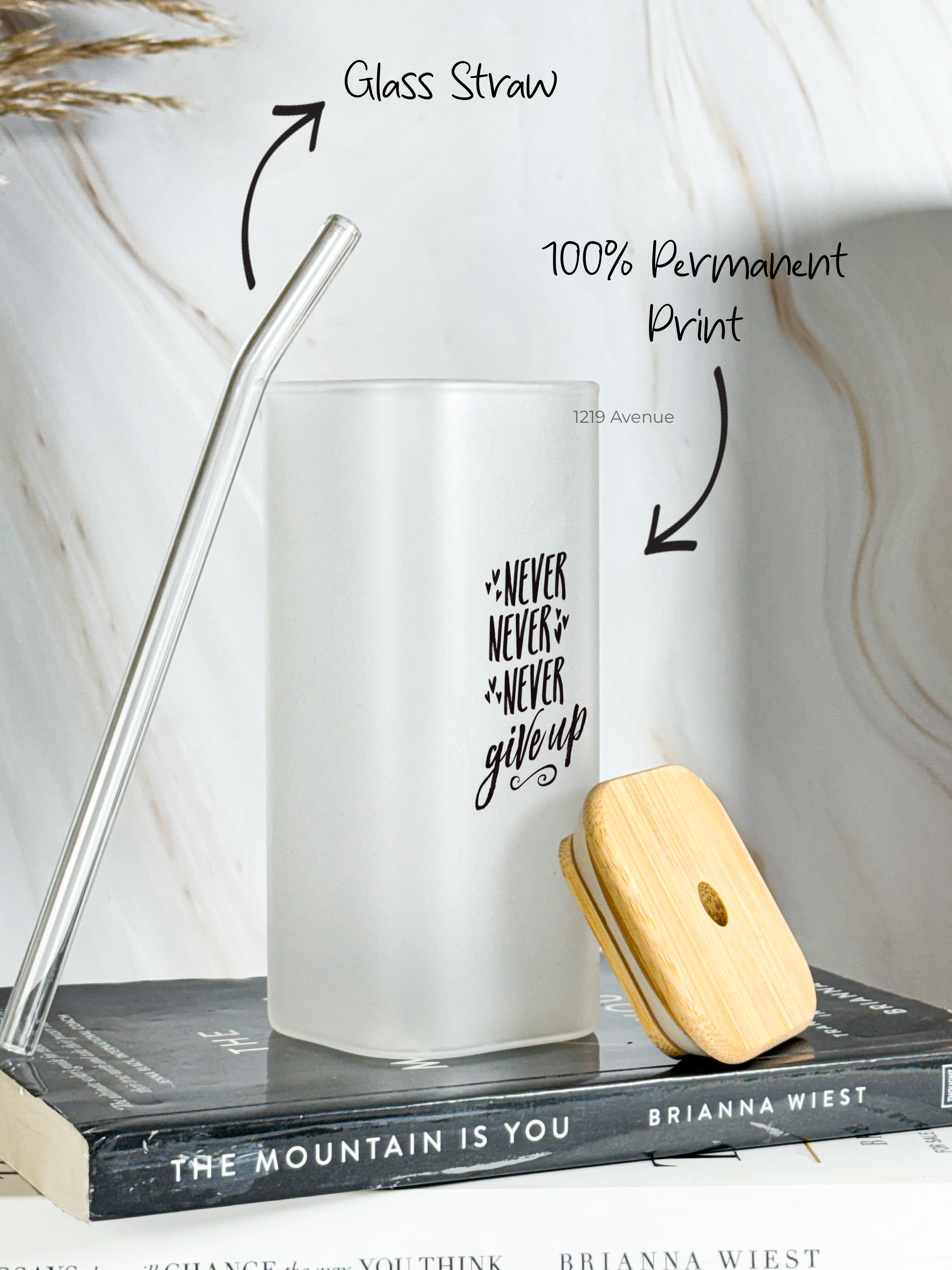 Squaro Sipper 450ml| Never Give Up Design| Permanent Prints| Coffee Glass Tumbler with straw and lid 1219 Avenue