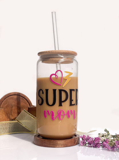 Can Shaped Sipper 500ml| Super Mom Print | 18oz Can Tumbler with lid, straw and coaster.