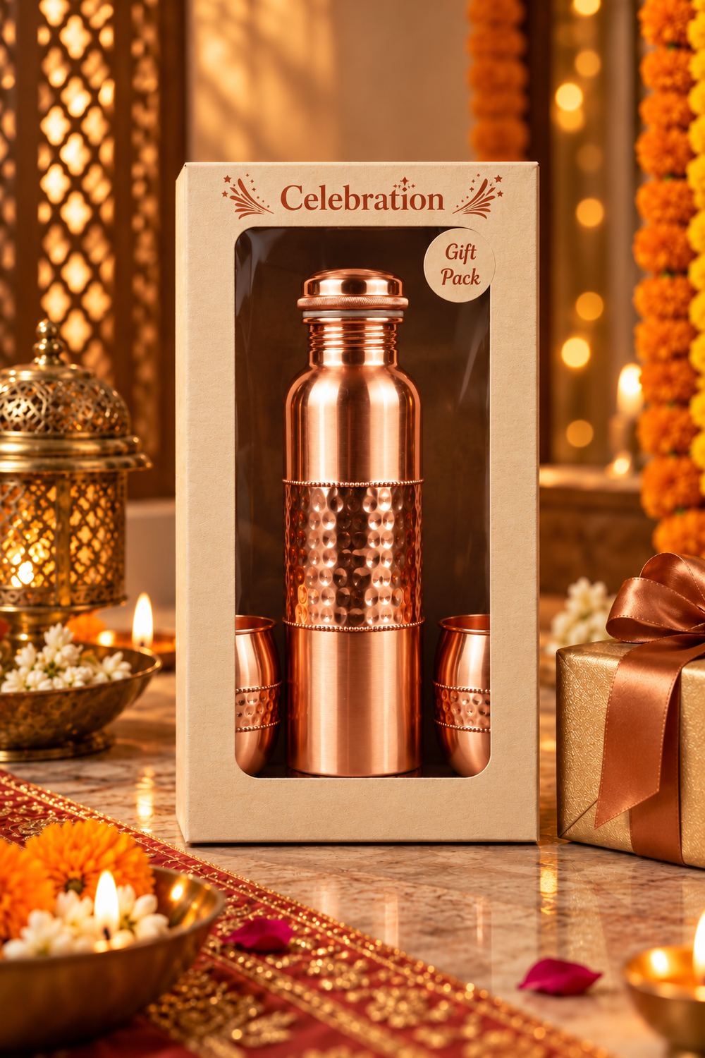 Tamra Lux Copper Gift Set | 99% Copper Water Bottle 1000ml with 2 Hammered Copper Glasses