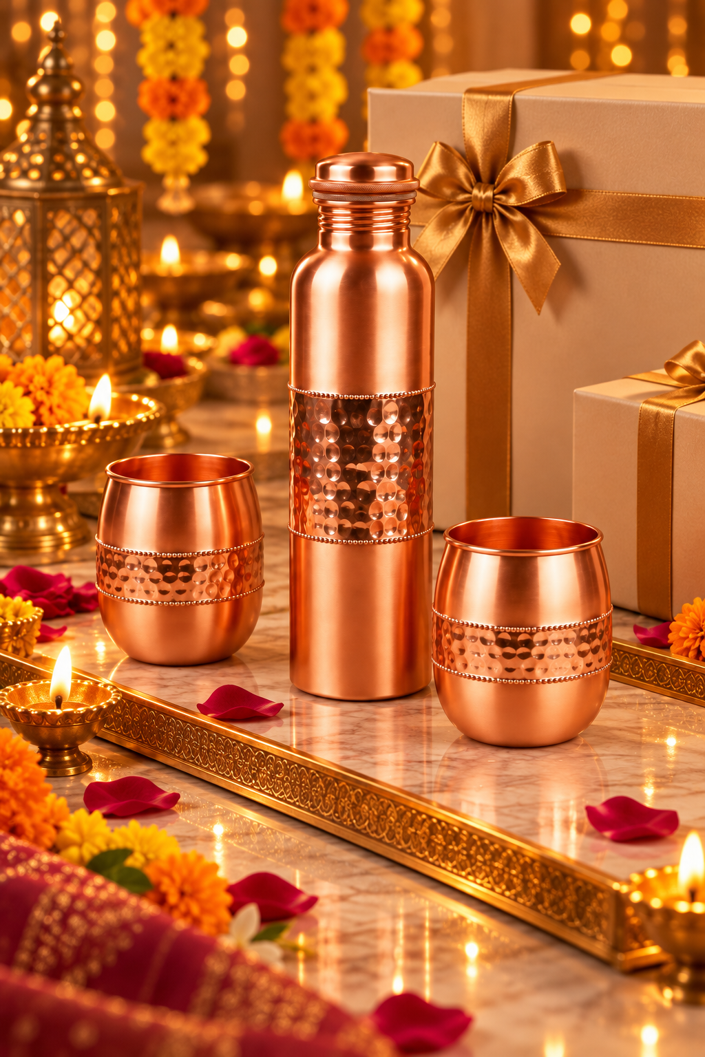 Tamra Lux Copper Gift Set | 99% Pure Copper Water Bottle 1000ml with 2 Hammered Copper Glasses | Premium 3 in 1 Drinkware | Luxury Diwali Gift Set 1219 Avenue