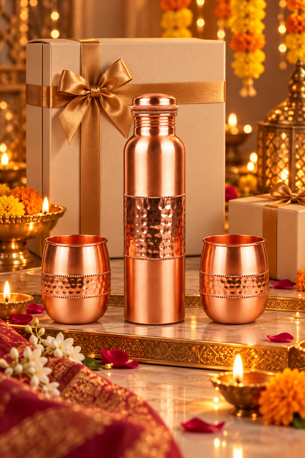 Tamra Lux Copper Gift Set | 99% Copper Water Bottle 1000ml with 2 Hammered Copper Glasses