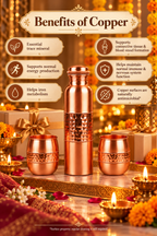 Tamra Lux Copper Gift Set | 99% Pure Copper Water Bottle 1000ml with 2 Hammered Copper Glasses | Premium 3 in 1 Drinkware | Luxury Diwali Gift Set 1219 Avenue
