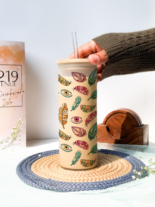 Frosted Grande Sipper 650ml| Boho Feather Evil Eye Print| 20oz Tall Tumbler with Straw and Lid