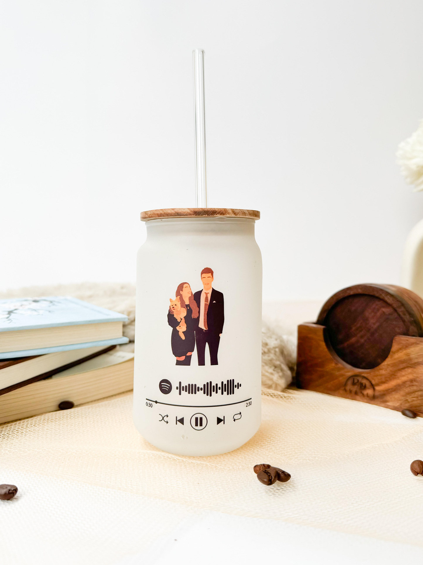 Personalized Frosted Can Sipper 500ml|Graphic Illustration with Spotify link| Coffee Glass Tumbler with straw and lid 22oz