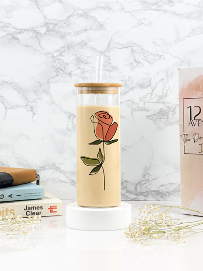 Clear Grande Sipper 650ml| Minimalistic Rose Print| 22 oz Coffee Tumbler with Straw and Lid