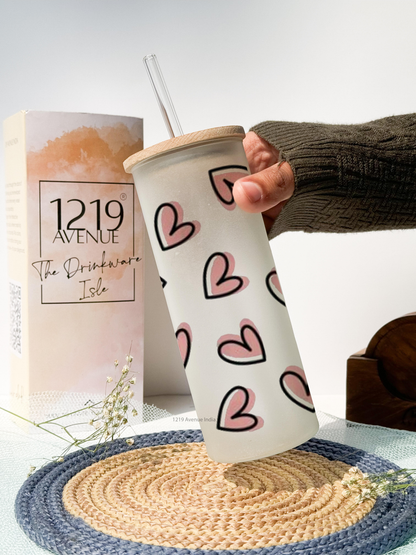 Frosted Grande Sipper 650ml| Pink Hearts All Over Print| 20oz Tall Tumbler with straw and lid