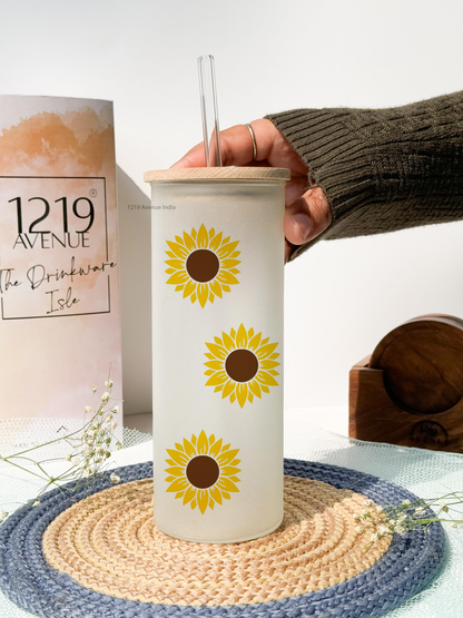 Frosted Grande Sipper 650ml| Sunflower All OverPrint| 20oz Tall Tumbler with straw and lid