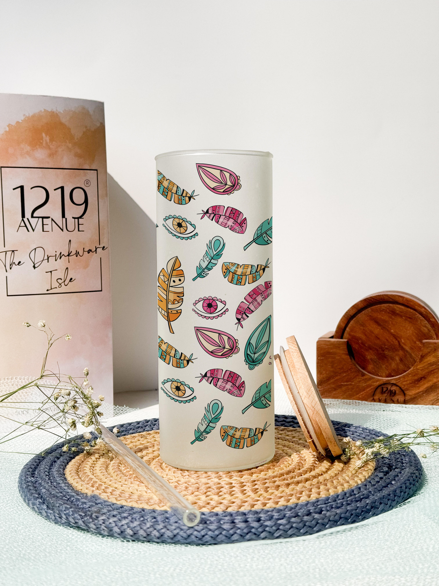 Frosted Grande Sipper 650ml| Boho Feather Evil Eye Print| 20oz Tall Tumbler with Straw and Lid